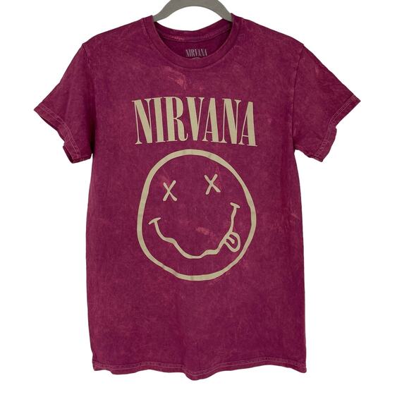 Officially Licensed Nirvana Nevermind Smiley Grunge Tee Magenta Acid Wash Small - Picture 5 of 5